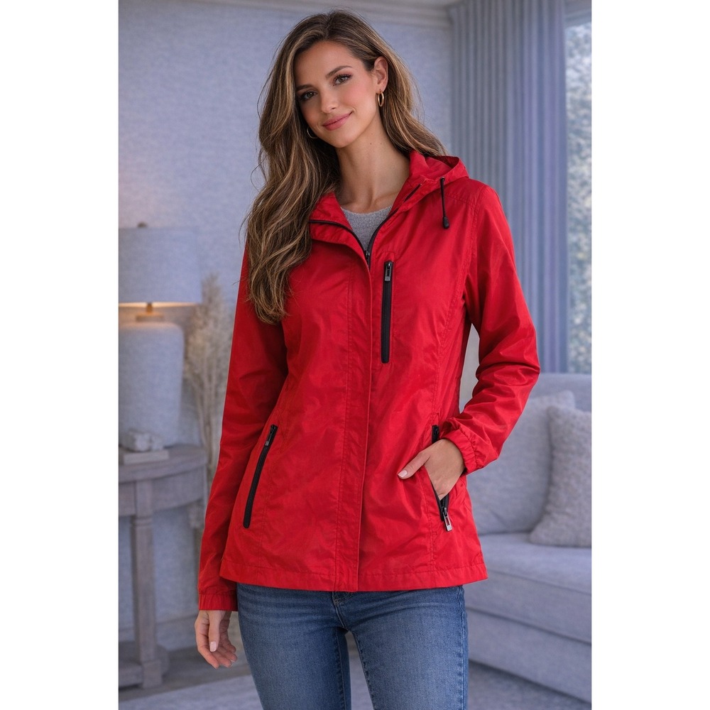 Tumi Tech Women's Red Lightweight‎ Hooded Jacket XL Travel Windbreaker Full Zip